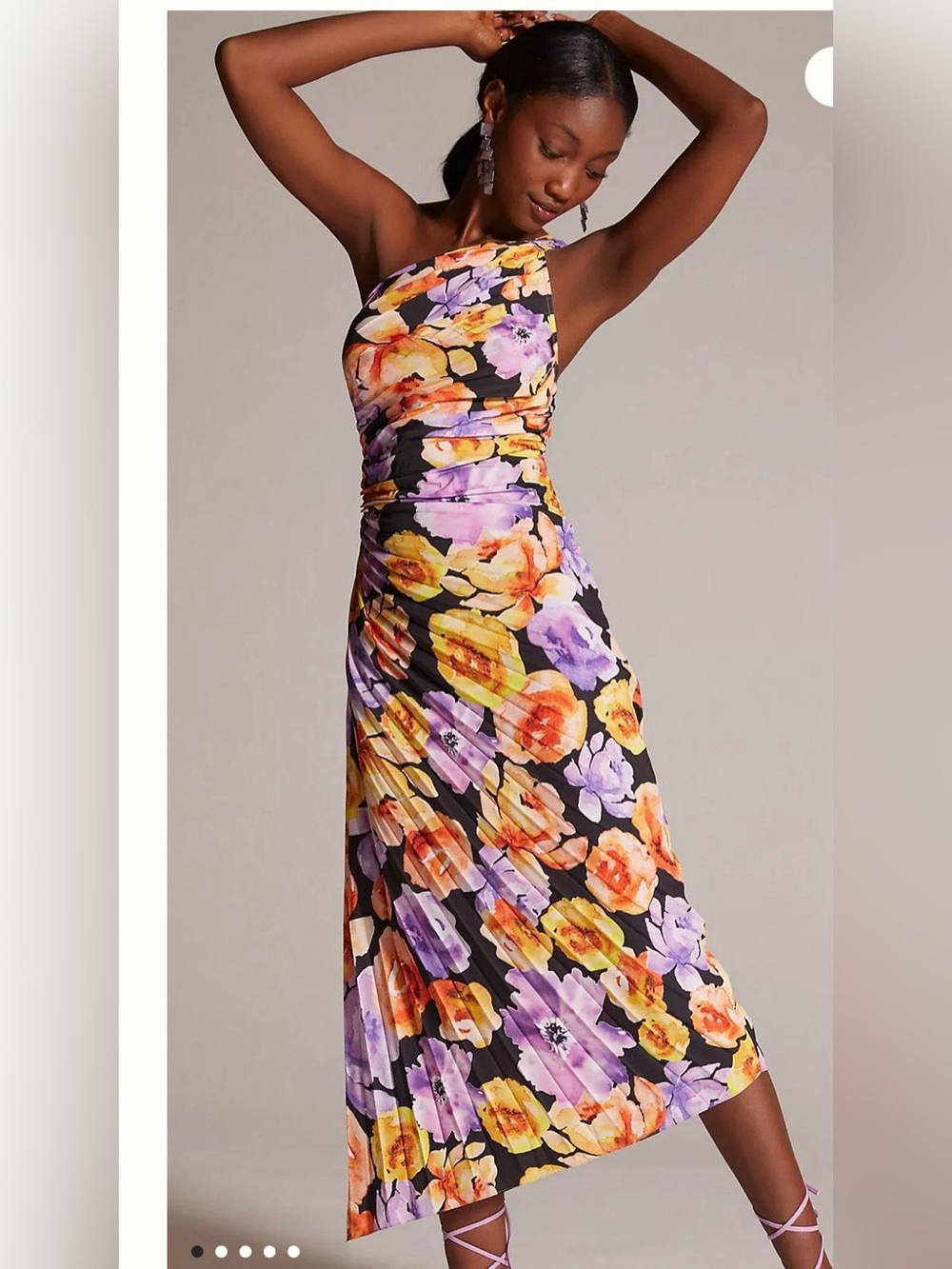 Anthropologie Black One-Shoulder Floral Midi Dress with Yellow & Purple Blooms